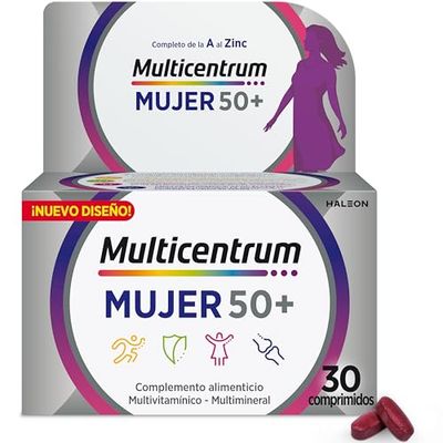 Multicentrum Mujer 50+ Complemento Alimenticio Multivitamínico y Multimineral Para Mujeres 50+, Con Magnesio, Vitamina C y Zinc, Postmenopausia, Sin Gluten, 30 Comprimidos