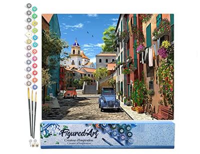 Figured'Art Peinture par Numéro Adulte Ruelle et 2 CV - Activité Manuelle Kit de Loisir Créatif DIY Numéro d'art Complet - 40x50cm sans châssis en Bois