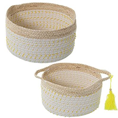 SET 2 CESTOS HOJAS MAÍZ/ALGODÓN NATURAL C/LUNARES AMARILLOS °30X16+°25X14CM