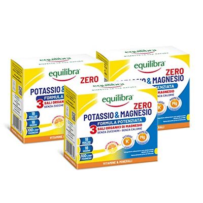 Equilibra Integratori Alimentari, Potassio e Magnesio Zero - 3 Formula Potenziata, Integratore Magnesio e Potassio Senza Zucchero, Reintegro Sali Minerali, Gusto Arancia Limone, 3 Pezzi da 18 Bustine