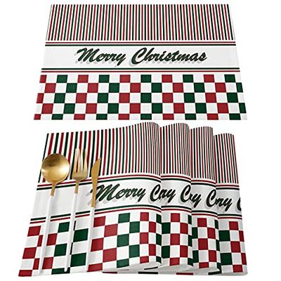 Kitchen Placemats Linen Burlap Non-Skid Washable Table Mats for Men/Women/Kids, Set of 4 Heat Proof Non Fade Placemats for Tabletop Decor Merry Christmas Classic Latex and Stripes Pattern