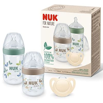 NUK for Nature Start Set babyfles en fopspeen, 0-6 maanden, 100% natuurlijke grondstoffen, 2 x flessen (150 ml + 260 ml), 2 x fopspenen van siliconen, BPA-vrij, 4 stuks
