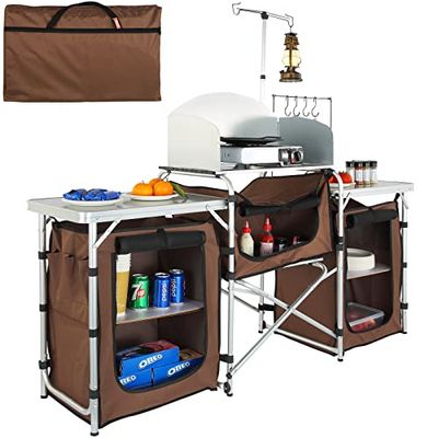 VEVOR Cuisine de Camping 174x176x46 cm Armoire de Camping Pliable Structure en Alu Grand Comptoir Meuble de Cuisine avec Pare-Brise 5 Compartiments avec Sac de Transport pour BBQ Pique-Nique Jardin