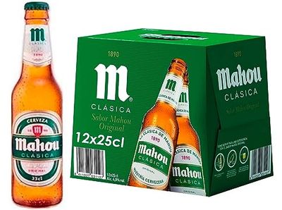 Mahou Clásica Cerveza Dorada Lager, Auténtica Cerveza Mahou Con Sabor Suave, Refrescante y Con Espuma Consistente, 4.8% Vol. Alcohol, Pack 12 Botellas x 25cl