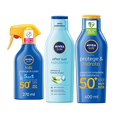 NIVEA SUN Protege & Hidrata Leche Solar FP50+ (1 x 400 ml) + Spray para Niños Protege & Juega FP50 (1 x 270 ml) + After Sun Loción Hidratante (1 x 400 ml)