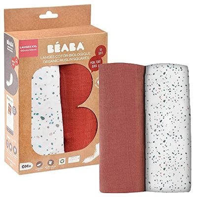 BÉABA, Lot de 2 Langes Bébé, Mousseline de Coton Biologique, Multi-usages : Couverture emmaillotage, Bavoir, Couverture nomade, Doudou, Ultra doux, Respirant,120cm, Ecologique et Sain, Brique/Terrazzo