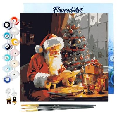 Figured'Art Mini Peinture par Numéro Adulte 20x20cm avec cadre Père Noël en train de lire - Petit Format Kit de Loisir Créatif DIY Numéro d'Art Complet