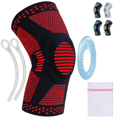 360 RELIEF - Compression Knee Brace with Gel Pads and Side Knee Stabilizers, Joint Support, Comfort, Active Recovery, Running, Workout Protection - Medium, Red + Laundry Bag