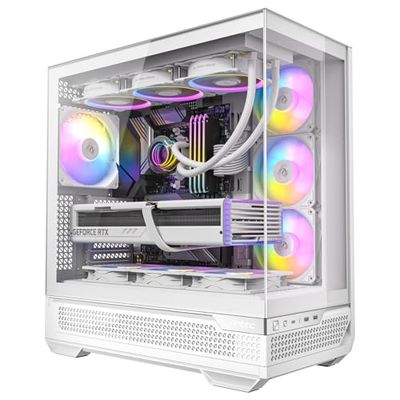 Antec C7 ARGB blanco, soporte de GPU RTX 40, 4 ventiladores ARGB PWM de 120 mm incluidos, refrigeración vertical, tipo C de 10 Gbps, paneles frontales y laterales de vidrio templado continuo