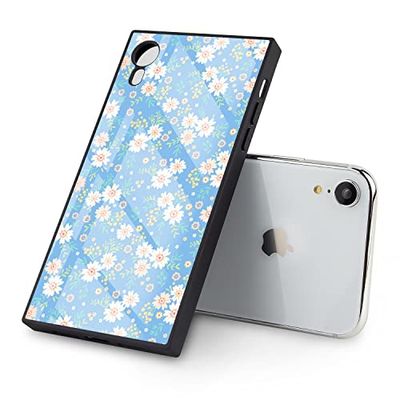 iPhone Xr vierkante telefoonhoes met frisse blauwe bloemen TPU-rand volledige bescherming versterkte hoeken iPhone Xr hoes