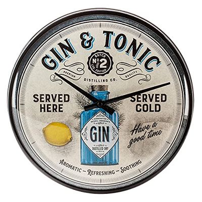 Nostalgic-Art Väggklocka i retrostil, Gin & Tonic Served Here – Presentidé för cocktailälskare, Stort väggur, Deko vintagedesign, Ø 31 cm