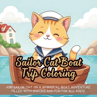 Sailor Cat Boat Trip Coloring: Join Sailor Cat on a whimsical boat adventure filled with snacks and fun for all ages!