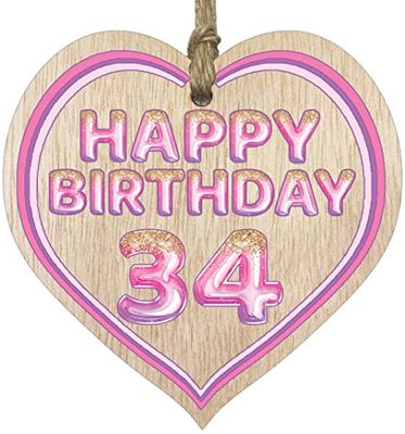 Fun 34th Birthday Gift For Men Woman Wooden Heart Plaques - Glitter Age 34 - Light Wood Sign Keepsake, Happy Birthday Plaque for Dad Mum Son Daughter Brother Sister Uncle Auntie Cousin