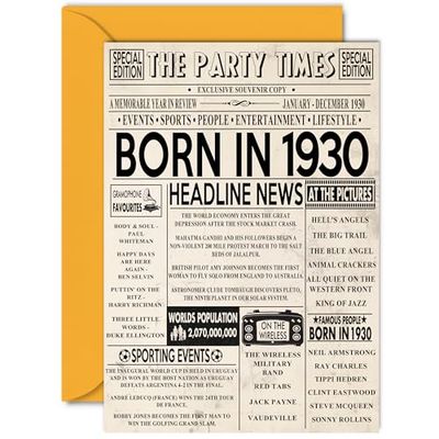 95th Birthday Cards for Women Men - Born In 1930 Newspaper - Happy 95 Birthday Card for Grandma Grandad Nan Vintage Retro Back In 1930, A5 Bday Greeting Cards