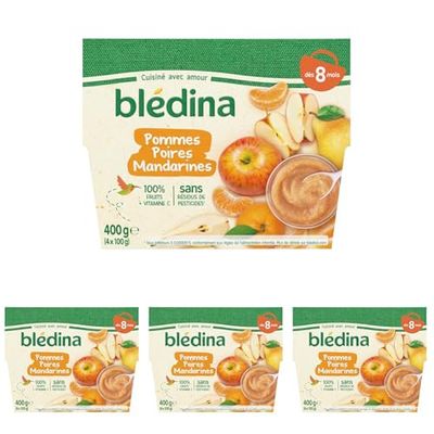 Blédina 4 Coupelles pour Bébé Pommes, Poires, Mandarines Dès 8 mois, 4 x 100g (Lot de 4)