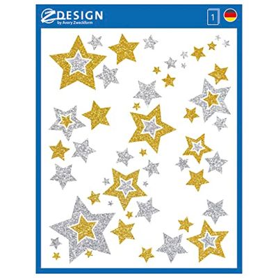 AVERY Zweckform 6 Window Decorations Christmas Stars Gold/Silver (Made in Germany, Self-Adhesive Window Stickers, Christmas Decoration Window, Removable, Glittered) 1 Sheet / 6 Stickers 52952