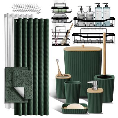 Bathroom Accessories Set with Shower Caddy and Bath Rugs 27PC Bathroom Accessory Set with Shower Caddies Green Bath Rugs, Shower Curtain Set, Toilet Brush, Trash Can, Soap Dispenser, Toothbrush holder