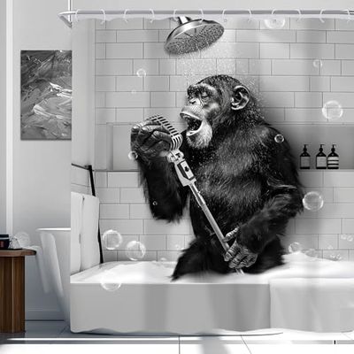 Newsely Cortina de Ducha Divertida de Mono de 72 Pulgadas de Ancho x 72 Pulgadas de Alto, Color Blanco y Negro, Animal, chimpancé Cantando en la bañera, Juego de Cortina de Ducha para Hombres y niños