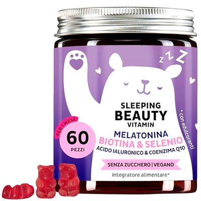 Sleeping Beauty Vitamin - Sonno Ristoratore - Melatonina 1 MG - Biotina, Zinco, Selenio, CoQ10 e Acido Ialuronico - Vegano e Senza zucchero - 60 pz - Bears with Benefits