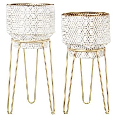 DRW Lot de 2 Pots Ronds en métal avec Pieds Blancs et dorés 36 x 36 x 80 cm