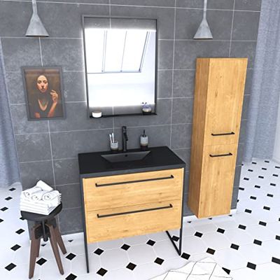 AURLANE PACM107 Mueble de baño, Negro/Roble marrón, L