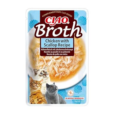 INABA CIAO Brodo di Pollo e Capesante, Cibo Umido per Gatti - Brodo Sano e Gustoso con Straccetti di Pollo - Cibo per Gatti Senza Conservanti o Coloranti Artificiali, Grain-Free - 1 x 40gr