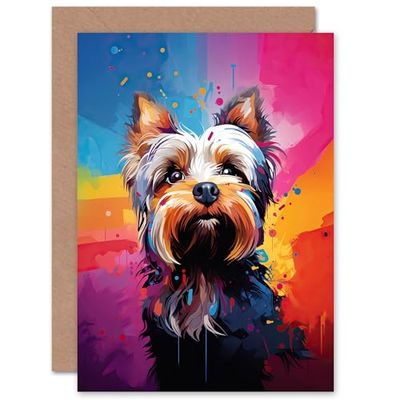 Artery8 Yorkshire Terrier Dog Lover Gift Pet Portrait Rainbow Colours Artwork Painting Sealed Greeting Card Plus Envelope Blank inside