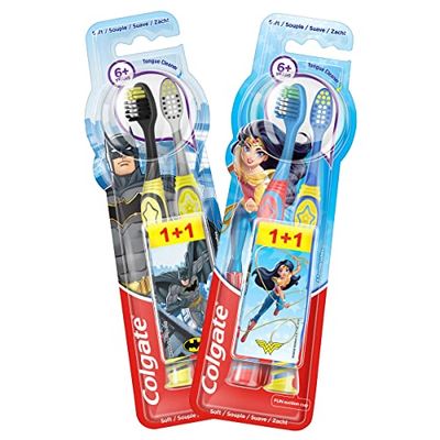 Colgate Cepillo de Dientes Suave para Niños de Batman o Wonder Woman, Envío Aleatorio de Superhéroe, Multicolor, 1+1