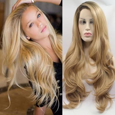 xiweiya Ombre Brown Blonde Synthetic 13x3 Lace Front Wigs with Brown Roots Long Natural Wavy Blonde Lace Front Wig 2 Tones Side Part Heat Resistant Fiber Hair Wig for Women Hair Replacement 24"