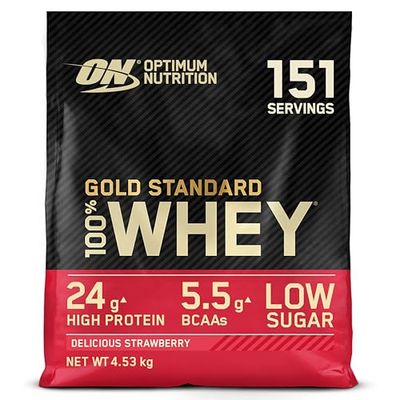 Optimum Nutrition Gold Standard 100% Whey, Poudre de Protéines pour Construction et Récupération Musculaire, avec Glutamine et Acides Aminés BCAA Naturels, Fraises Délicieuses, 151 Portions, 4,53 kg