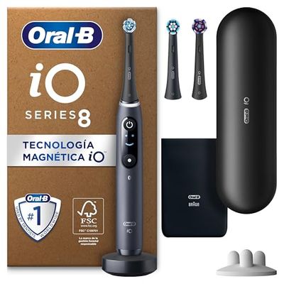 Oral-B iO 8N Cepillo de Dientes Eléctrico con Mango Recargable, 3 Cabezales y Estuche de Viaje, Diseñado por Braun, Regalos Originales para Mujer y Hombre - Negro