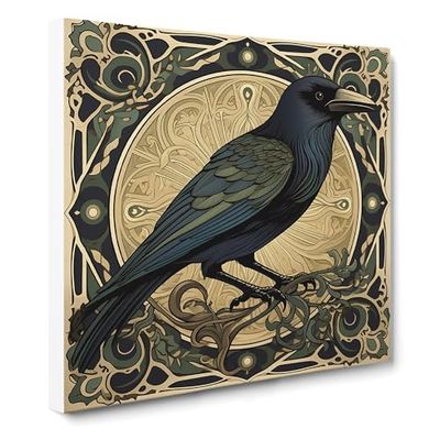 Crow Art Nouveau No.1 Canvas Wall Art Print Ready to Hang, Framed Picture for Living Room Bedroom Home Office Décor, 50x50 cm (20x20 Inch)