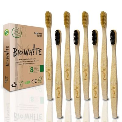 BioWhite Cepillos de Dientes de Bambú. 8 Cepillos con Cerdas Suaves y Orgánicas sin BPA. Natural, Ecológico, Biodegradables y Compostables. Para toda la familia.