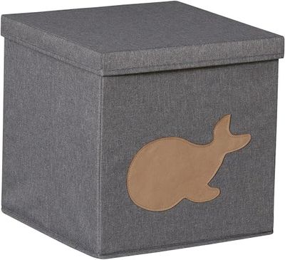 Love It Store It Storage Cube in Linen Cotton with Lid - Whale Design, Foldable, Ideal for Kallax Shelves 33 x 33 x 33 cm, Grey