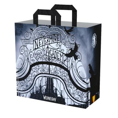 Konix Woensdag boodschappentas, maat M 40 x 45 x 20 cm, gerecycled materiaal, motief Nevermore Academy, zwart en wit