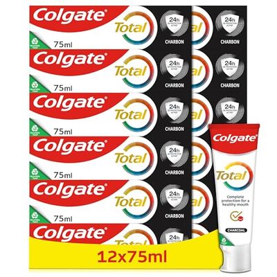 COLGATE Dentifrice Colgate Total Charbon - défense pendant 24h - 8 bénéfices pour une protection complète - le lot de 12 tubes de 75ml