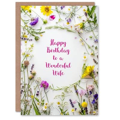 Artery8 Wife Happy Birthday Card Simple Spring Meadow Wildflowers Floral For Her Greeting Card