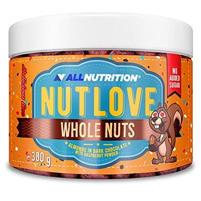 ALLNUTRITION Nutlove Noci Intere - Mandorle In Cioccolato Fondente e Polvere di Lamponi - Cioccolatini Senza Zucchero - Cioccolato Senza Zuccheri Aggiunti - Dolci Ipocalorici - Snack Salutare - 300g