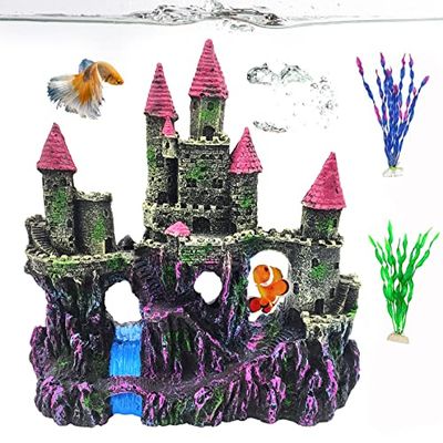 PINVNBY Kasteel voor aquarium, hars, decoratie, drijfhout, grot schuilplaats, huis, planten, accessoires (roze)
