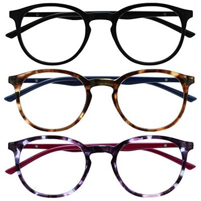 OPULIZE Met Gafas de Lectura con Bloqueo de Luz Azul 3-Pack Montura Redonda Negra Marrón Morado Resistente a Arañazos Bisagras de Muelle Ordenador Gaming Antirreflejante Hombre Mujer BBB60-125 +2.00