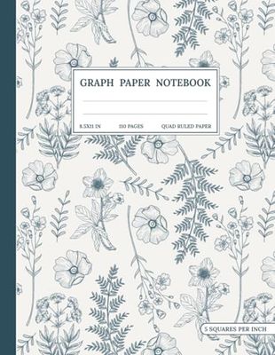 Graph Paper Composition Notebook: Quad Ruled 5x5 Vintage Blue Flowers Nature Pattern Floral Botanical Illustration Cottagecore Aesthetic