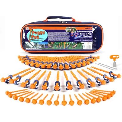 Peggy Peg Startkit met schroefharingen en combi-gereedschap, grondschroevenset voor zachte tot harde vloeren, tentharingen ideaal voor camping en outdoor, tentbevestiging