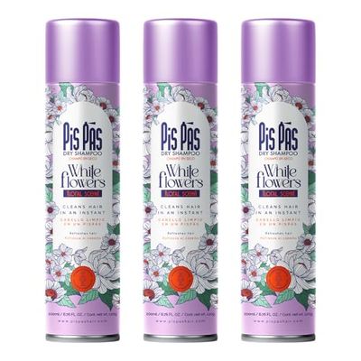 PisPás Pack de Shampoo Sec Fleurs Blanches - Set de 3 Unités pour des Cheveux Frais et Volumineux Instantanément, Idéal pour une Utilisation Rapide et Quotidienne.