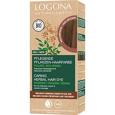 LOGONA Naturkosmetik närande vegetabilisk hårfärg, veganskt hårfärgspulver med ekologisk henna för intensiv färg och glans, växthårfärg i askbrun (brun), 1 x 100 g