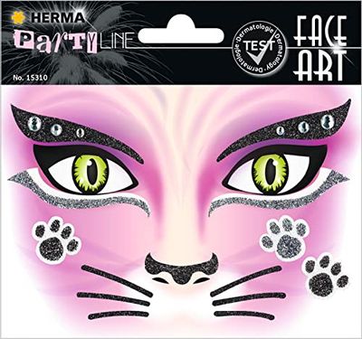 HERMA 15310 Face Art sticker - Pink Cat, dermatologisch getest, verwijderbare gezichtsstickers, tijdelijke tatoeages, glitter gezichtsverf voor carnaval, Halloween, kinderen en volwassenen, kleurrijk