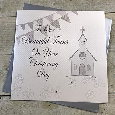 WHITE COTTON CARDS To Our Beautiful Twins Day, Handmade Christening Card, Code XPD57-TW, Silver Church