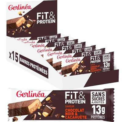 Gerlinéa Fit&Protein - Barres Protéinées saveur Cacahuète Chocolat - Sans Sucres Ajoutés - 13 gr protéines par barre de 45g - Protéines Après le Sport - 15 barres