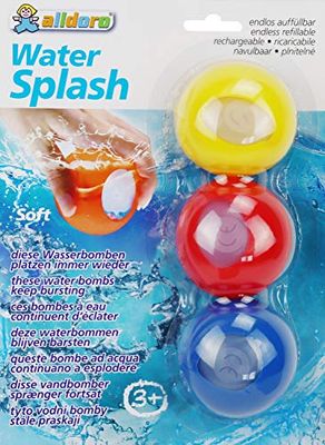 alldoro- Water Splash, 3 bombas de agua reutilizables, rellenables infinitamente, reventan cada vez más, 3 bolas de colores surtidos. (Manfred Roser 60206)