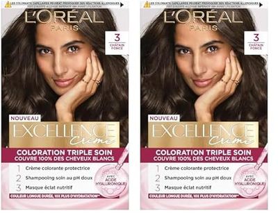 L’ORÉAL PARIS - Coloration Cheveux Permanente Triple Soin - Couvre 100% des Cheveux Blancs - Excellence Crème - Nuance : Châtain Foncé (3) (Lot de 2)