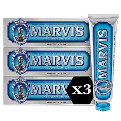 Marvis Lot de 3 dentifrices Menthe Aquatique, 3 x 85 ml, Dentifrice fraîcheur durable, Élimine la plaque dentaire et favorise la santé des gencives